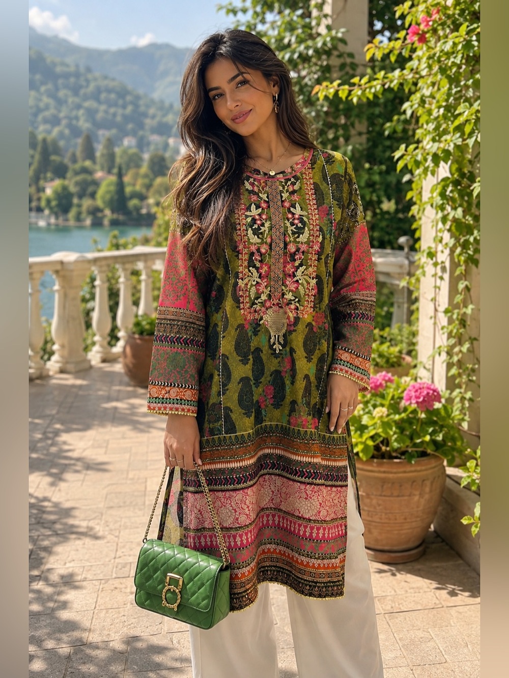 JUNAID JAMSHED Embroidered Olive & Pink Long Sleeve Tunic Dress